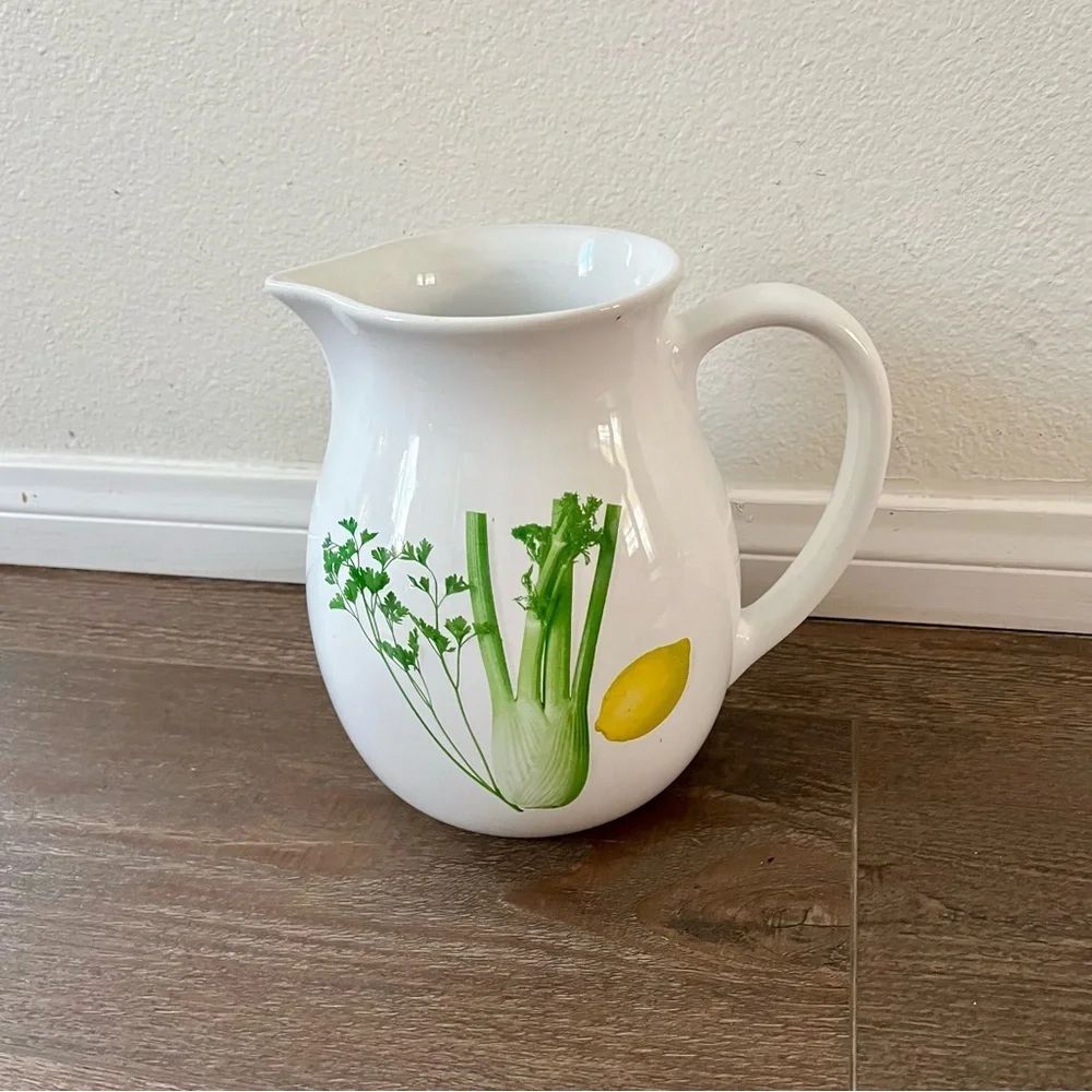 White Ceramic Pitcher with Herb and Lemon Design from Portugal
